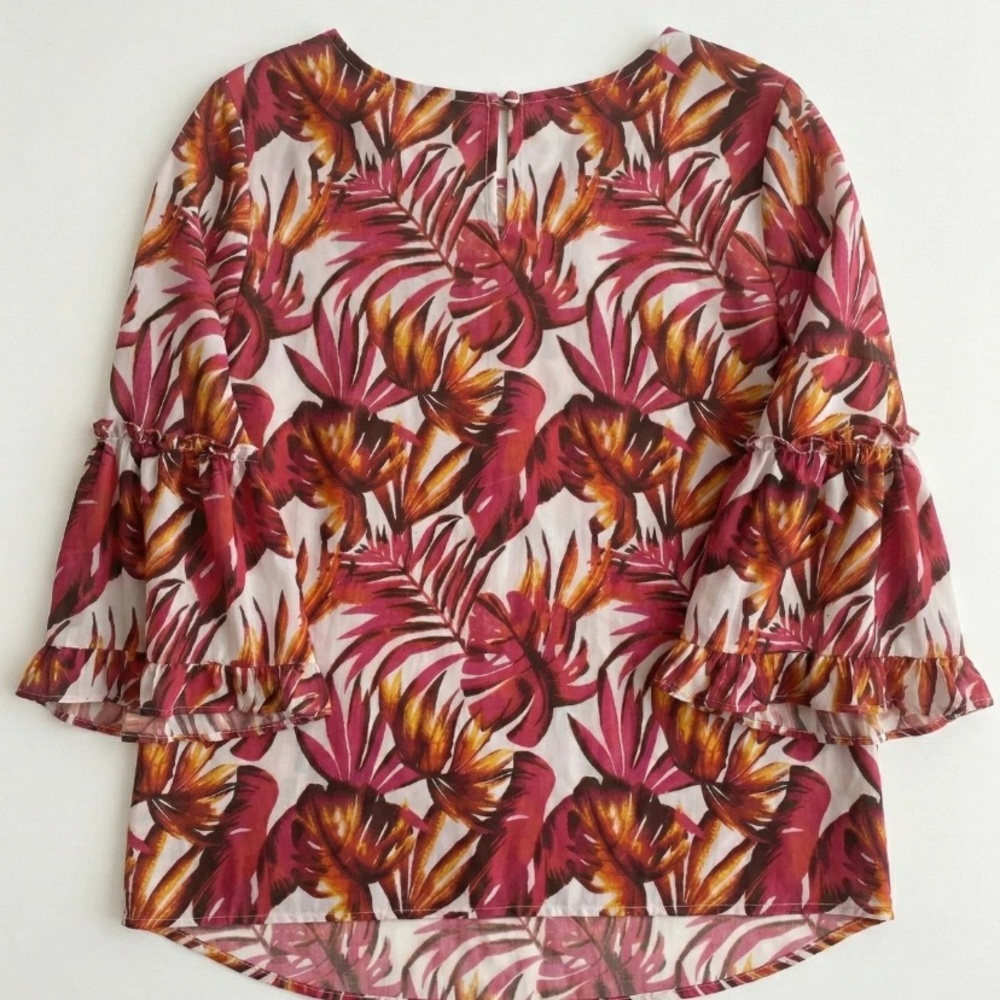 Jessica London Burgundy and Gold Tropical Ruffle Sleeve Blouse - Picture 2 of 7